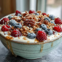 Creamy Skyr Protein Smoothie Bowl topped with fresh berries and crunchy granola clusters.